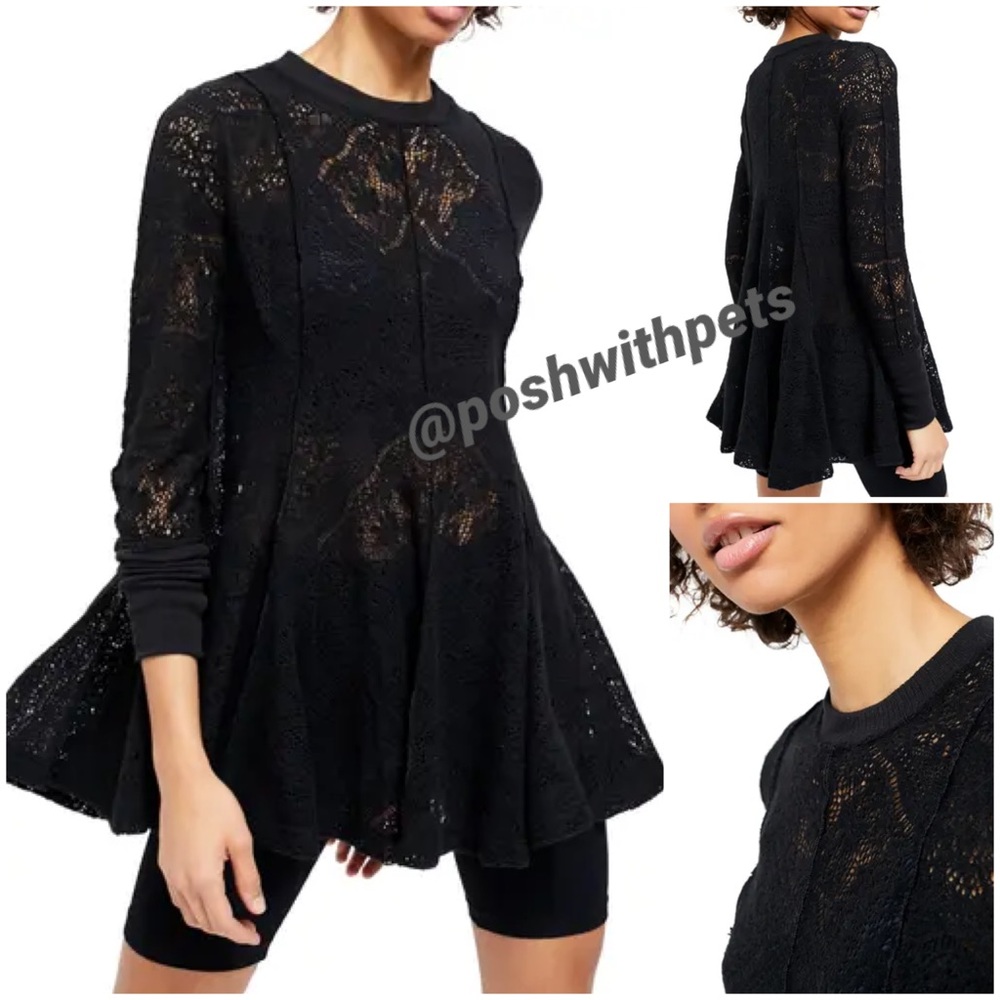 Free People NWT Coffee In The Morning Lace Tunic Mini Dress Black XSmall New